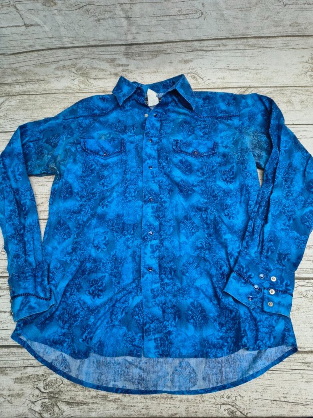 Wrangler Blue Floral Western Pearl Snap Long Sleeve Size Large
